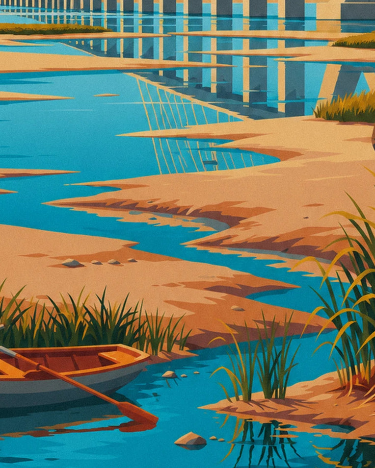 Poster Brücke von Saint-Nazaire und Boot auf der Flussmündung: Detail in Nahaufnahme