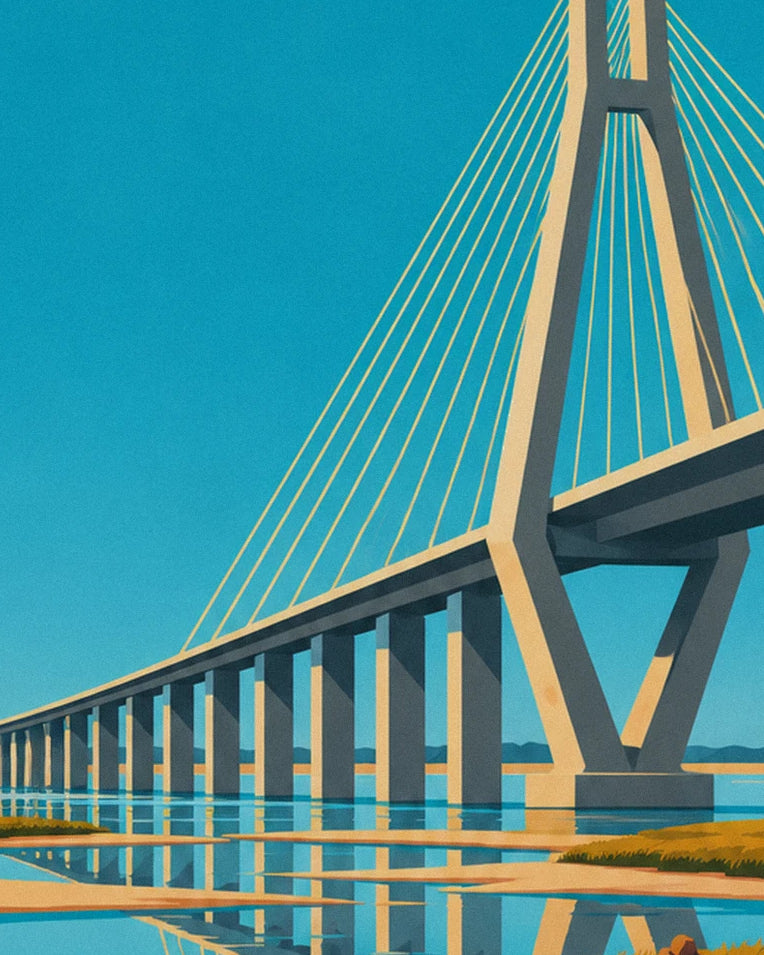 Poster Brücke von Saint-Nazaire und Boot auf der Flussmündung: Detail in Nahaufnahme