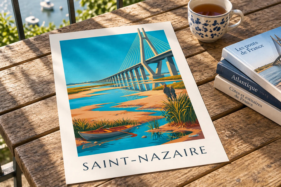 Affiche pont de Saint-Nazaire et barque sur l'estuaire : posée sur une table