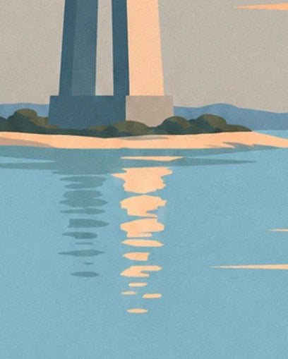 The piers of the Saint-Nazaire bridge and their blue and golden reflections in the estuary