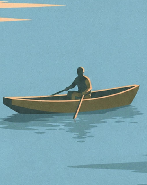 A rower in a rowing boat with golden reflections on the blue water of the estuary