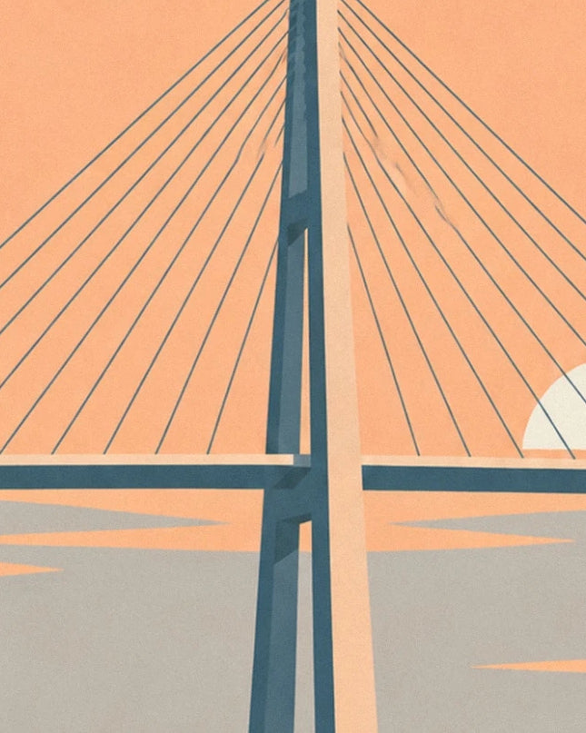The tower of the Saint-Nazaire bridge and its cables against an orange sky