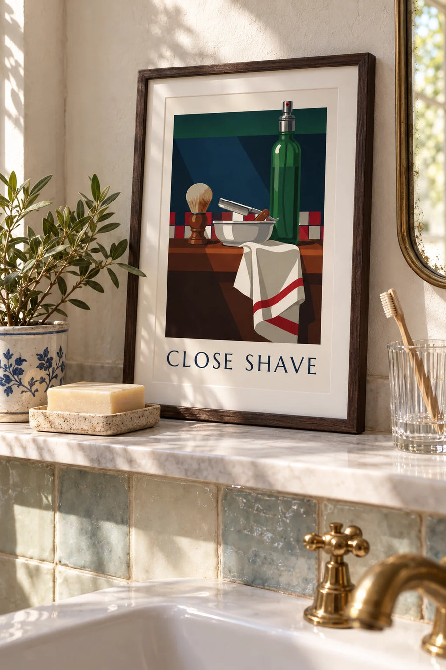 Poster Rasiermesser, Rasierpinsel und Flakon mit Aftershave: kleines Format A4 gerahmt