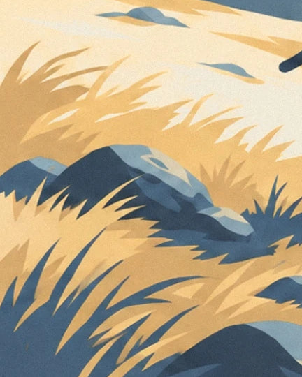 Die schieferblauen Felsen zwischen goldenen Gräsern und scharfen Schatten