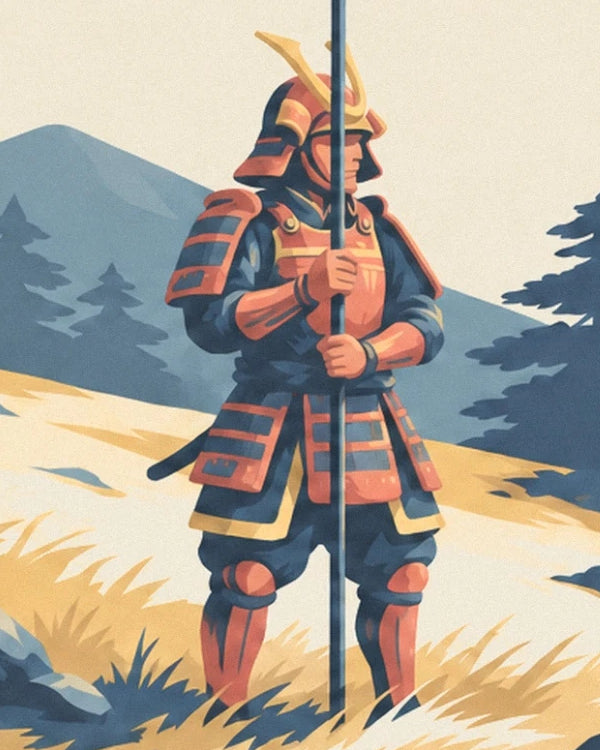 Der Samurai in roter und dunkelblauer Rüstung, der seine Lanze mit beiden Händen aufrecht hält
