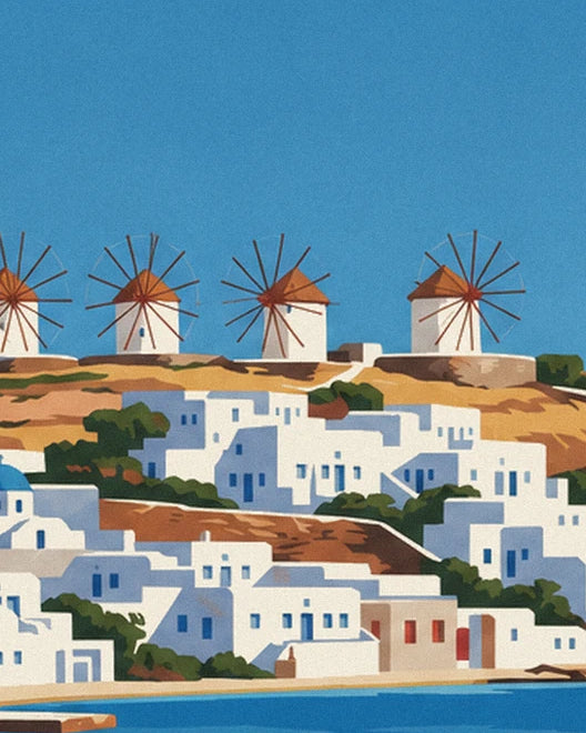 The 4 windmills of Kato Mili above the white houses with blue windows