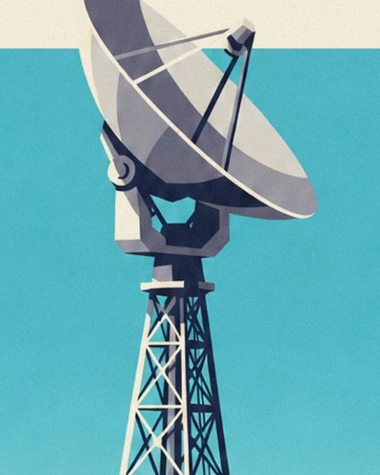 The large grey radio telescope dish on its metal tower, against a turquoise background
