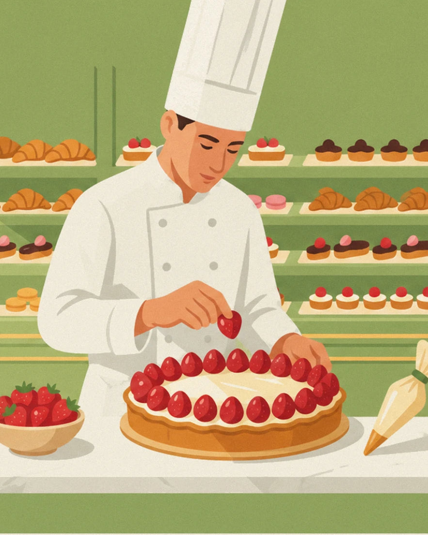 The pastry chef in a chef's hat placing a strawberry on his large cream tart