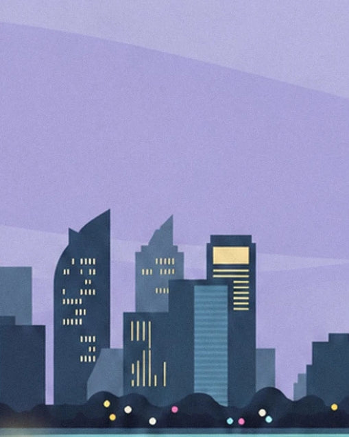 Die Gebäude von Shanghai mit gelben Fenstern unter einem malvenfarbenen Himmel