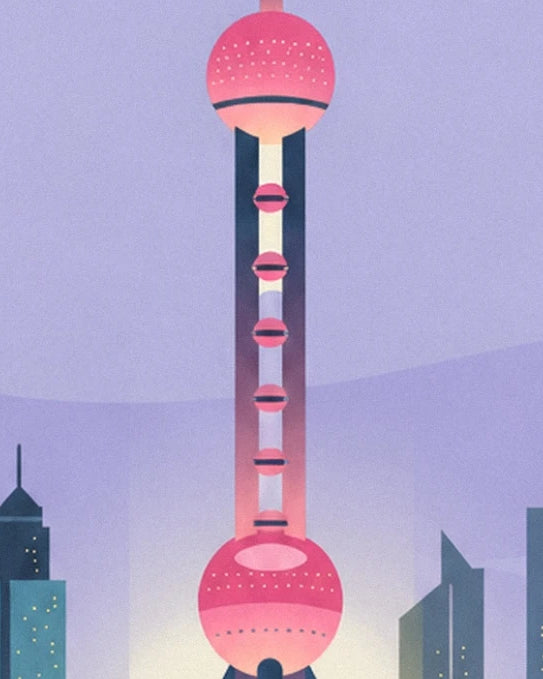 Der Oriental Pearl Tower mit seinen rosa Kugeln vor mauvefarbenem Hintergrund