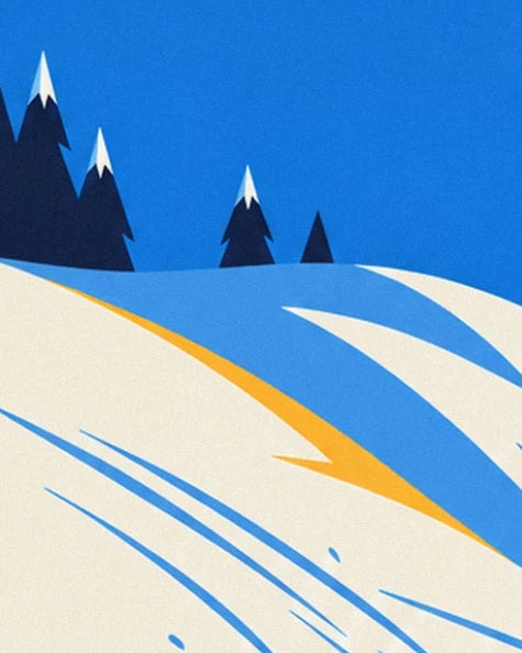 Der verschneite Hang mit blauen und gelben Streifen, gesäumt von Tannen unter blauem Himmel