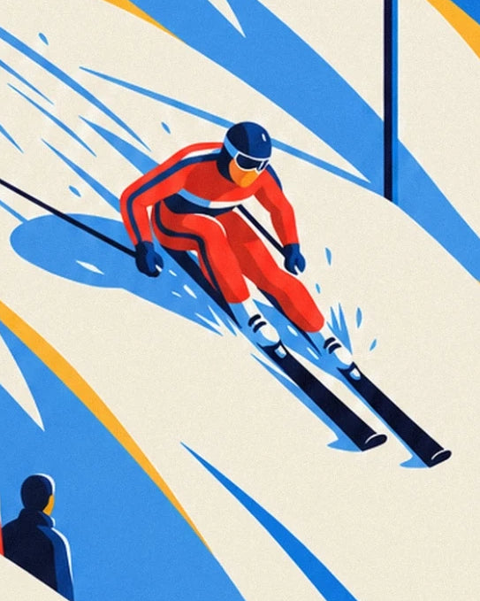 Der Skifahrer im roten Skianzug und blauen Helm, mit parallelen Skiern im Schnee