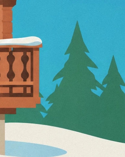 Die grünen Tannen neben dem Holzbalkon über dem verschneiten Boden