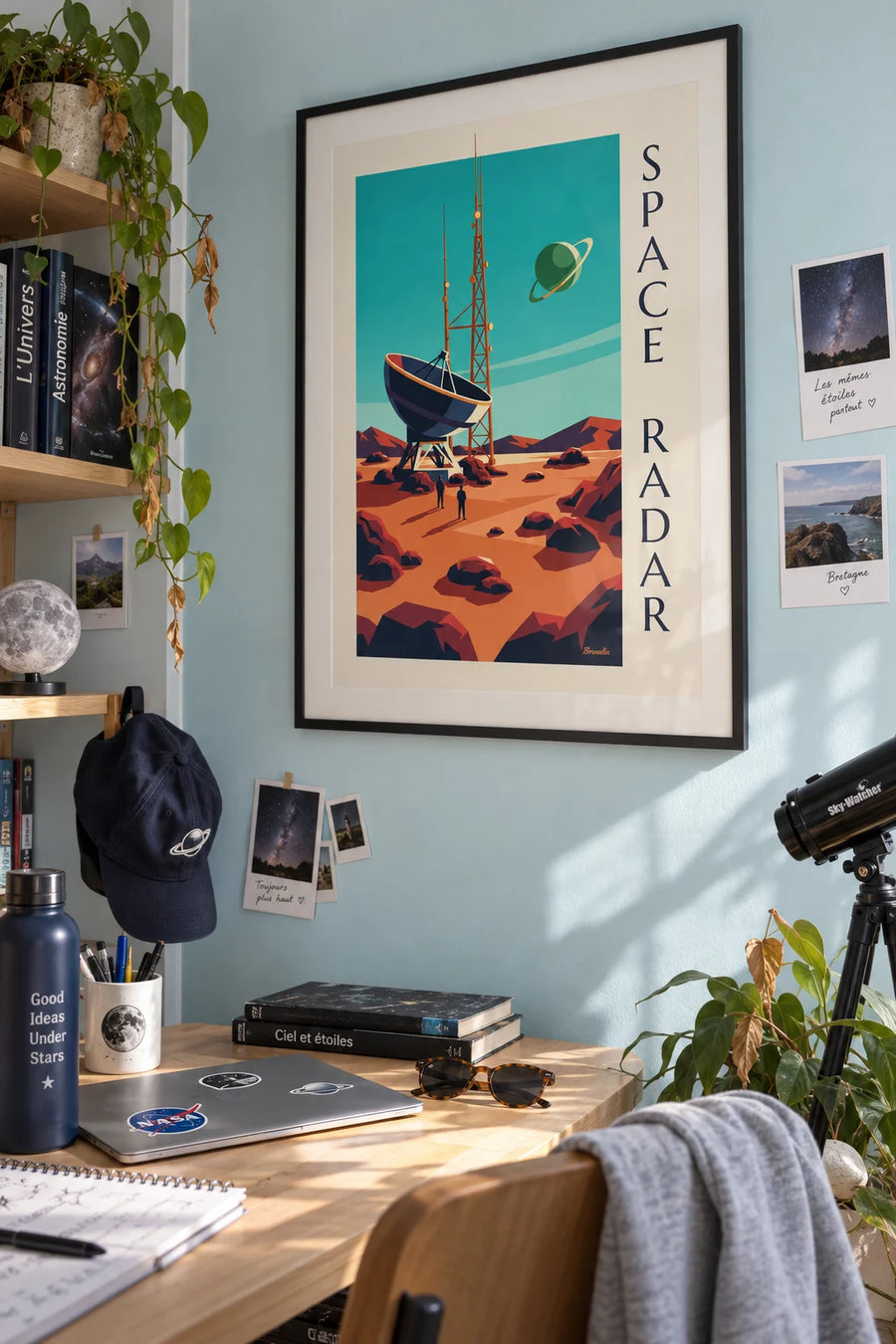 Space radar station on a rocky planet poster: framed on the wall
