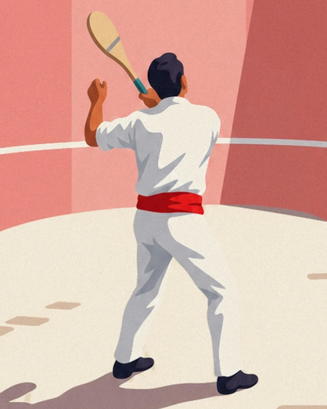 The pelota player seen from behind, dressed in white with a red sash, his pala raised