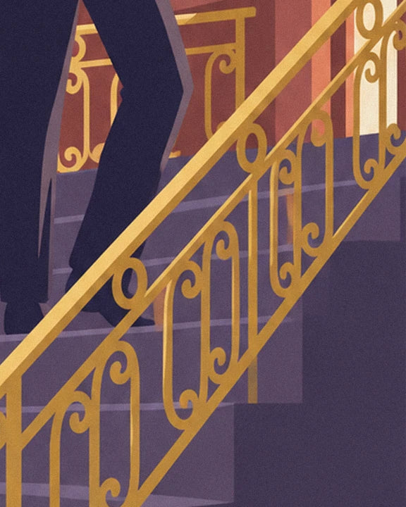 Golden wrought iron railing with scroll details along the purple front steps