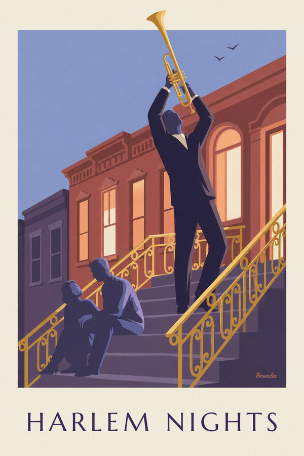 Affiche trompettiste sur le perron d'une maison de Harlem le soir