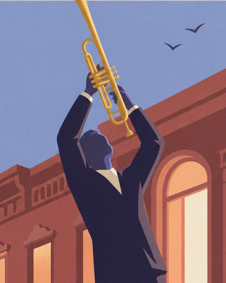 Trumpeter in a dark suit, golden trumpet raised towards the sky, with 2 birds