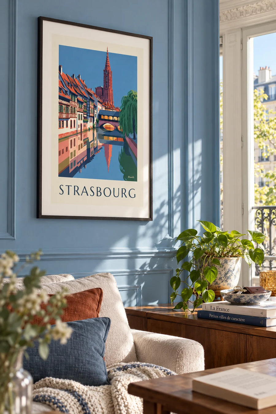 Poster of half-timbered houses and the covered bridge in Petite France, Strasbourg: framed on the wall