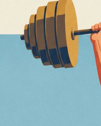 The golden weight plates and the strongman’s hand on the barbell