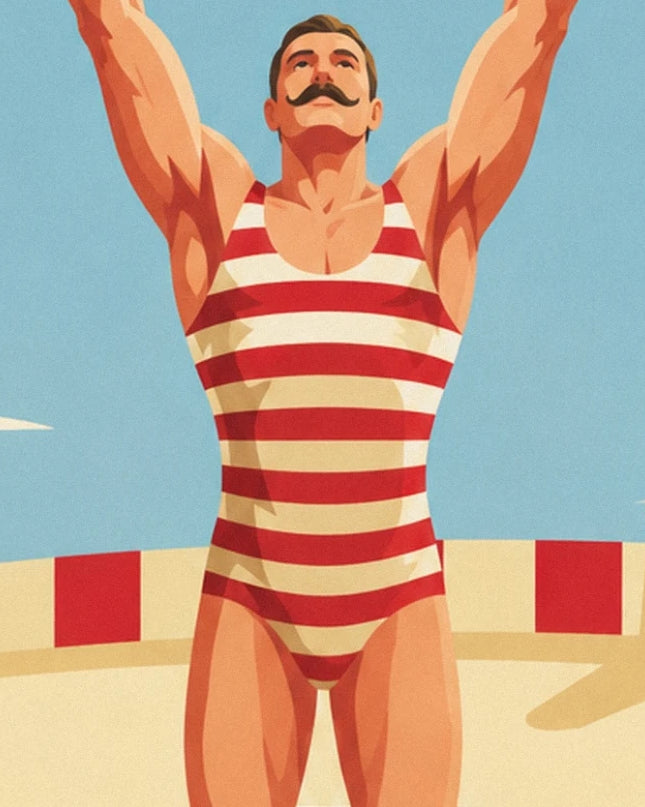 The moustached strongman in a red and cream striped singlet with his arms raised
