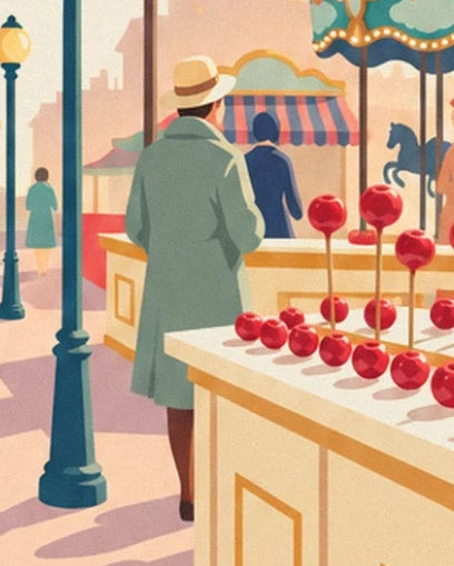 A man in a green coat and pale hat in front of the toffee apple stall