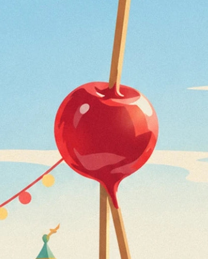 A glossy red toffee apple on a stick against the blue sky and garlands
