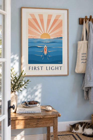 Surfer paddling out at sunrise poster: framed on the wall