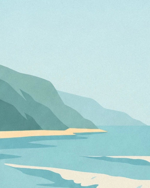 The cliffs in shades of blue and the golden beach beside the turquoise sea