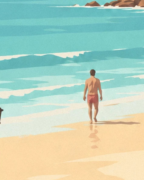 Ein Badegast in roten Shorts von hinten, den Wellen zugewandt, die Füße im nassen Sand