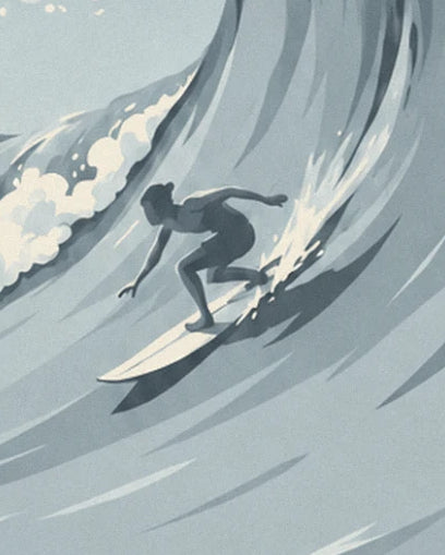 Der Surfer beugt sich über sein weißes Brett in der Höhlung einer großen blaugrauen Welle