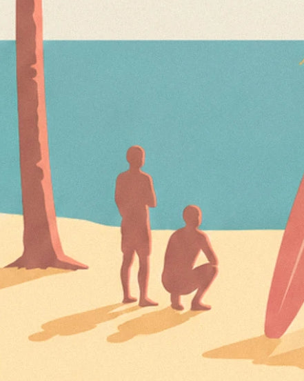 Surfer als Silhouetten am Strand, einer stehend, der andere hockend neben einer Palme
