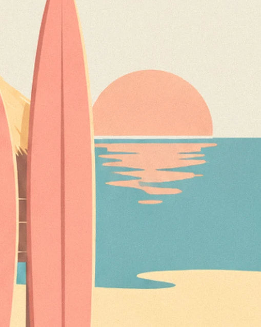 Die orangefarbene Sonne geht über dem türkisfarbenen Meer hinter einem hohen rosa Surfboard unter