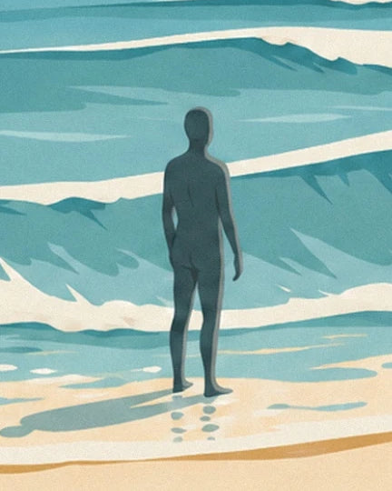 A figure seen from behind facing the turquoise waves, feet at the water's edge