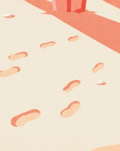 Die Fußspuren im hellen Sand neben den korallfarbenen Schatten der Bretter