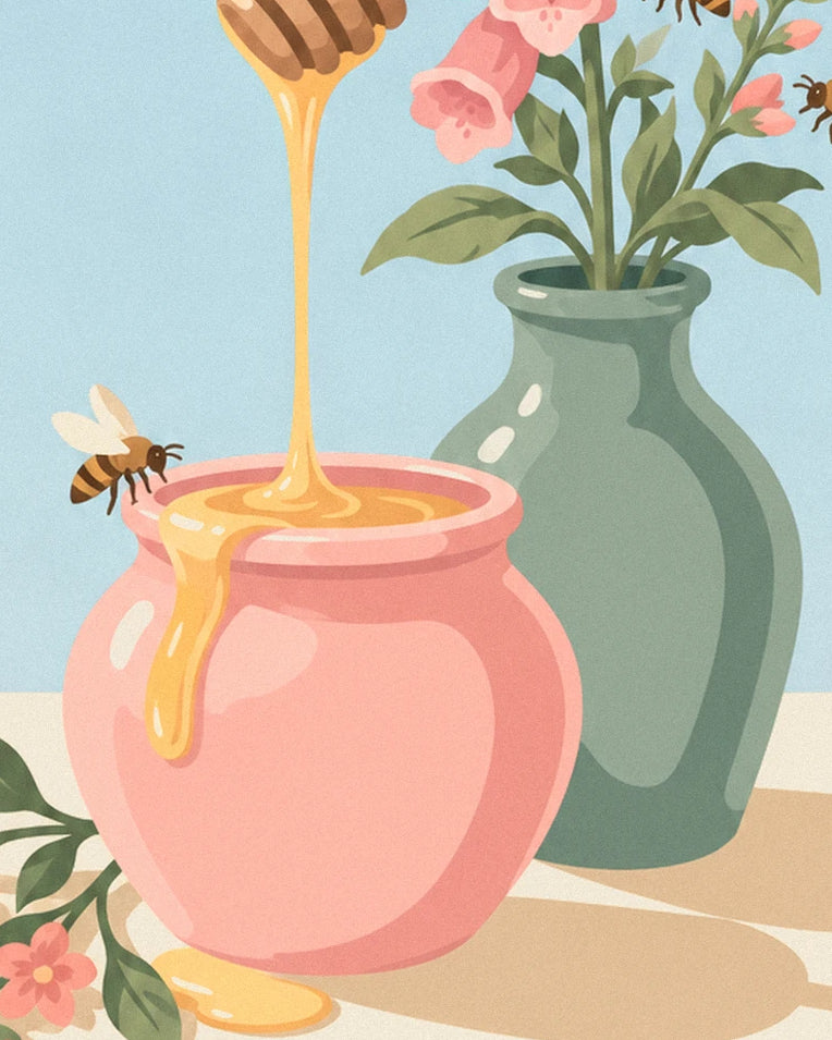 Golden honey jar, wooden dipper and bees poster: close-up detail