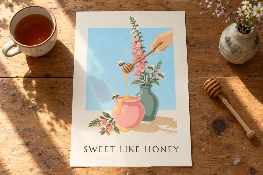 Poster Topf mit goldenem Honig, Holzlöffel und Bienen: auf einem Tisch