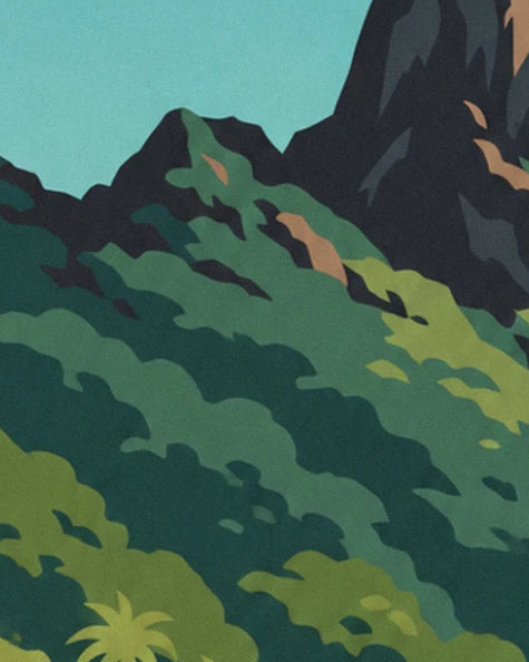 Slopes covered in deep green jungle, with a palm tree and dark ridges at the top