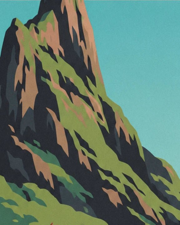 A dark rocky peak veined with ochre and covered in green moss beneath a turquoise sky