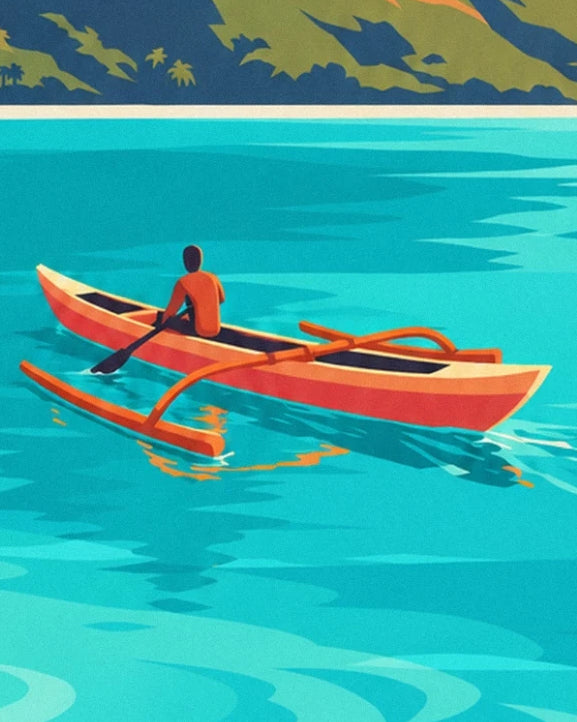 A paddler in an orange top in his red outrigger canoe on the turquoise lagoon