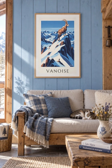 Poster Steinbock auf einem verschneiten Gipfel der Vanoise: gerahmt an der Wand