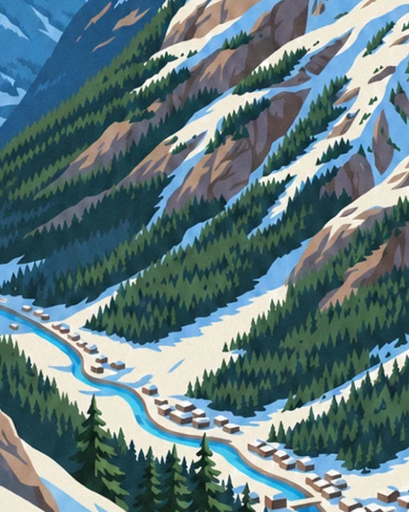 Les chalets le long du cours d’eau bleu, entre les versants enneigés couverts de sapins