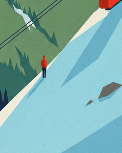 Der Skifahrer in rotem Anorak auf der blauen Piste, unter den Seilen und der roten Seilbahn
