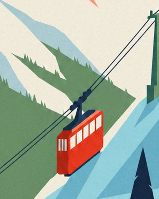 Die rote Seilbahn an ihren Seilen, über grünen und verschneiten Hängen