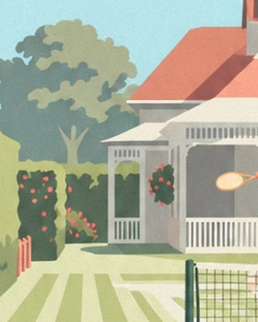 The clubhouse with its red roof, white veranda and rose bushes beside the grass
