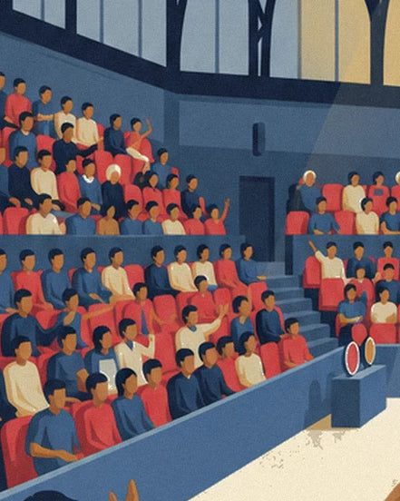 Les spectateurs en rouge, bleu et crème sur les sièges rouges des gradins