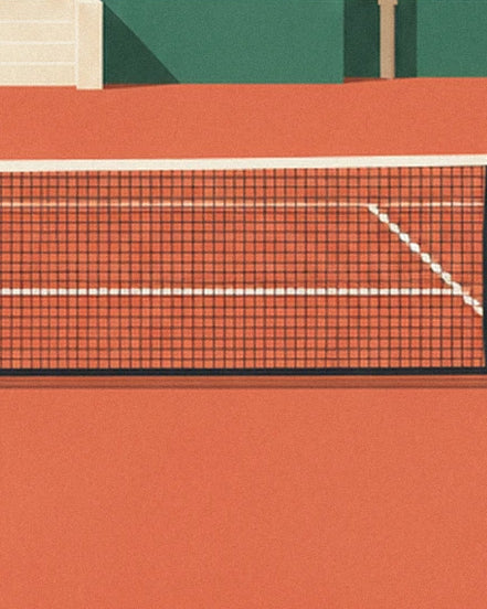 The black net stretched across the red court with white lines in front of green walls