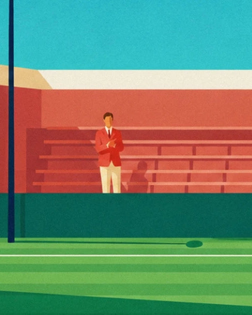 The figure in a red jacket in front of the coral stands beside the green court
