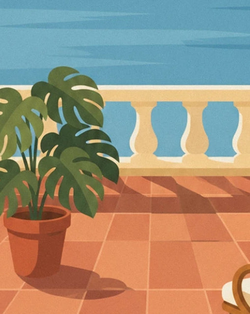 Le monstera en pot de terre cuite sur les carreaux orangés de la terrasse