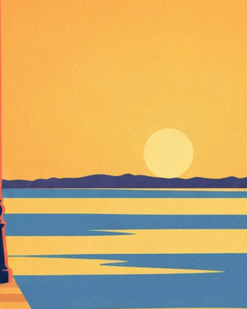 Die blasse Sonne, die über den violetten Hügeln und dem blauen Wasser des Bassins versinkt